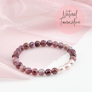 Pink Tourmaline & Edison Pearl Bracelet, Dainty Stackable Stretch Bracelet